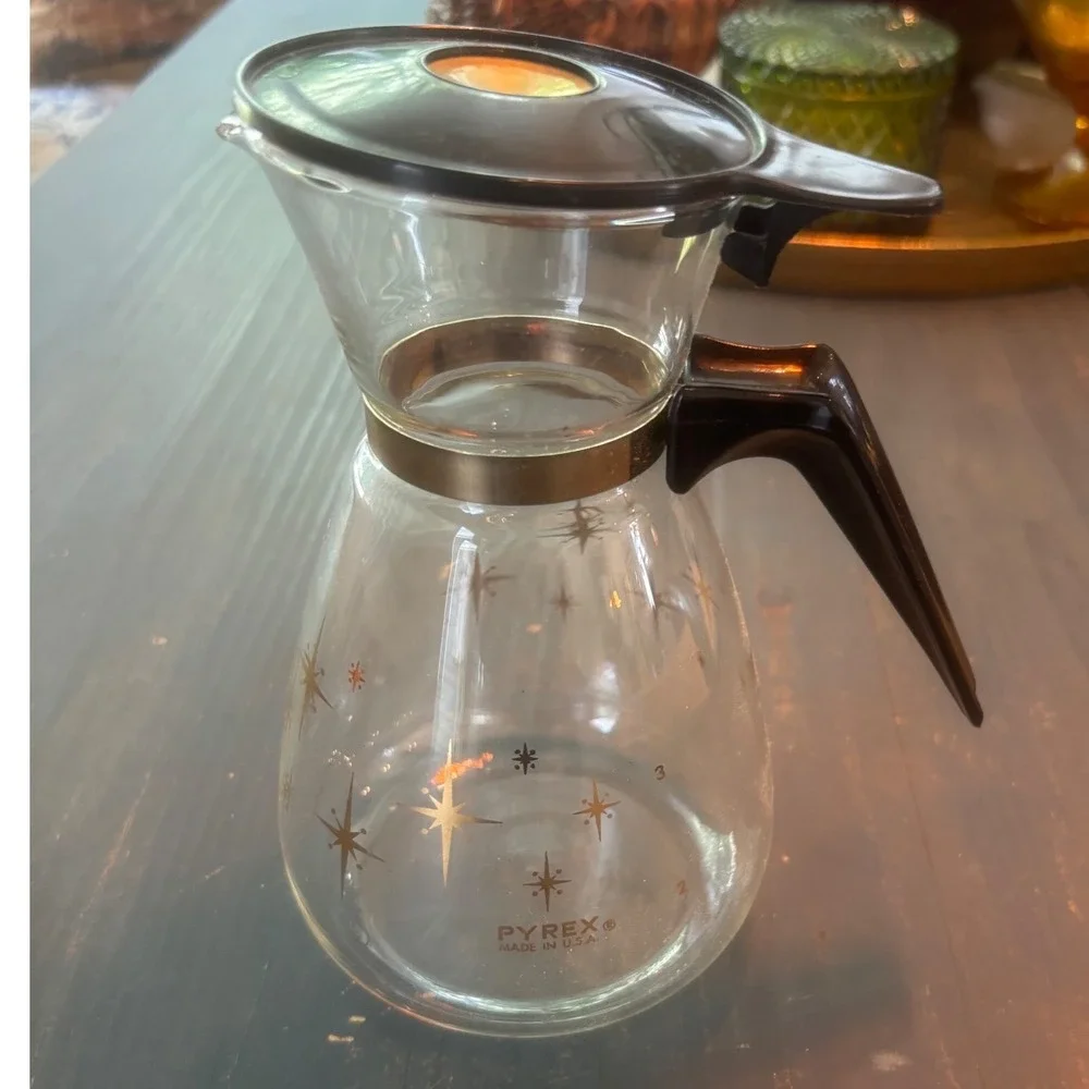 Vintage Pyrex Golden Starburst Coffee Carafe Glass Pitcher with Lid MCM Gold